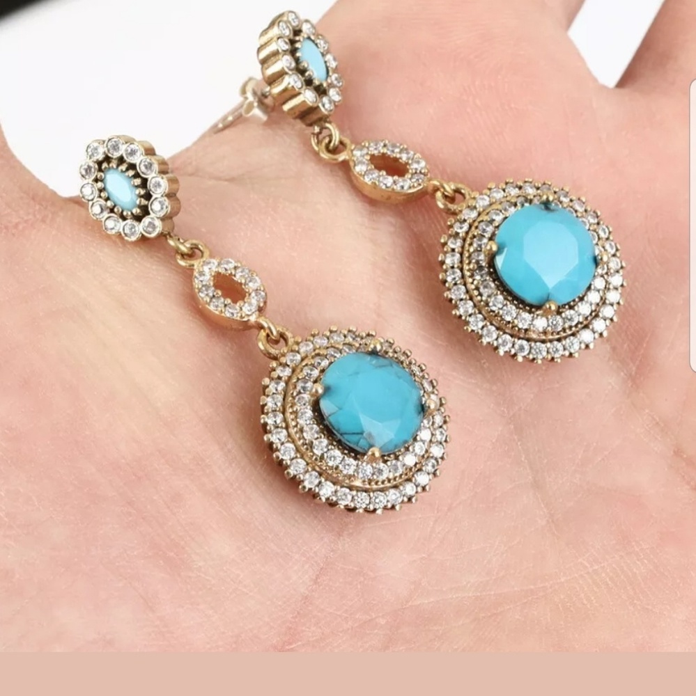 Turquoise & white topaz Sterling & Gold Turkish Style earrings - Picture 3 of 4